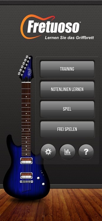 Main menu showing Fretuoso training modes and navigation controls