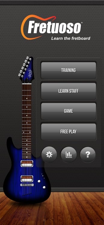 Main menu showing Fretuoso training modes and navigation controls