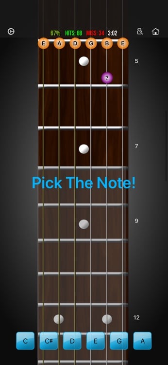 Adaptive training mode with guided fretboard practice and scoring