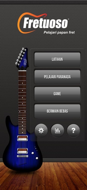 Main menu showing Fretuoso training modes and navigation controls
