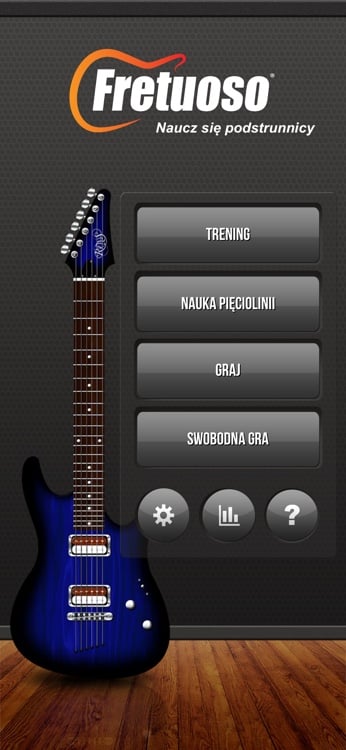 Main menu showing Fretuoso training modes and navigation controls