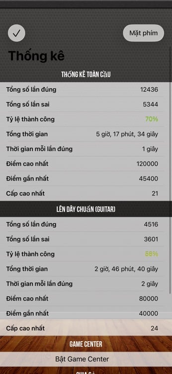 Progress dashboard with detailed per-fret performance statistics